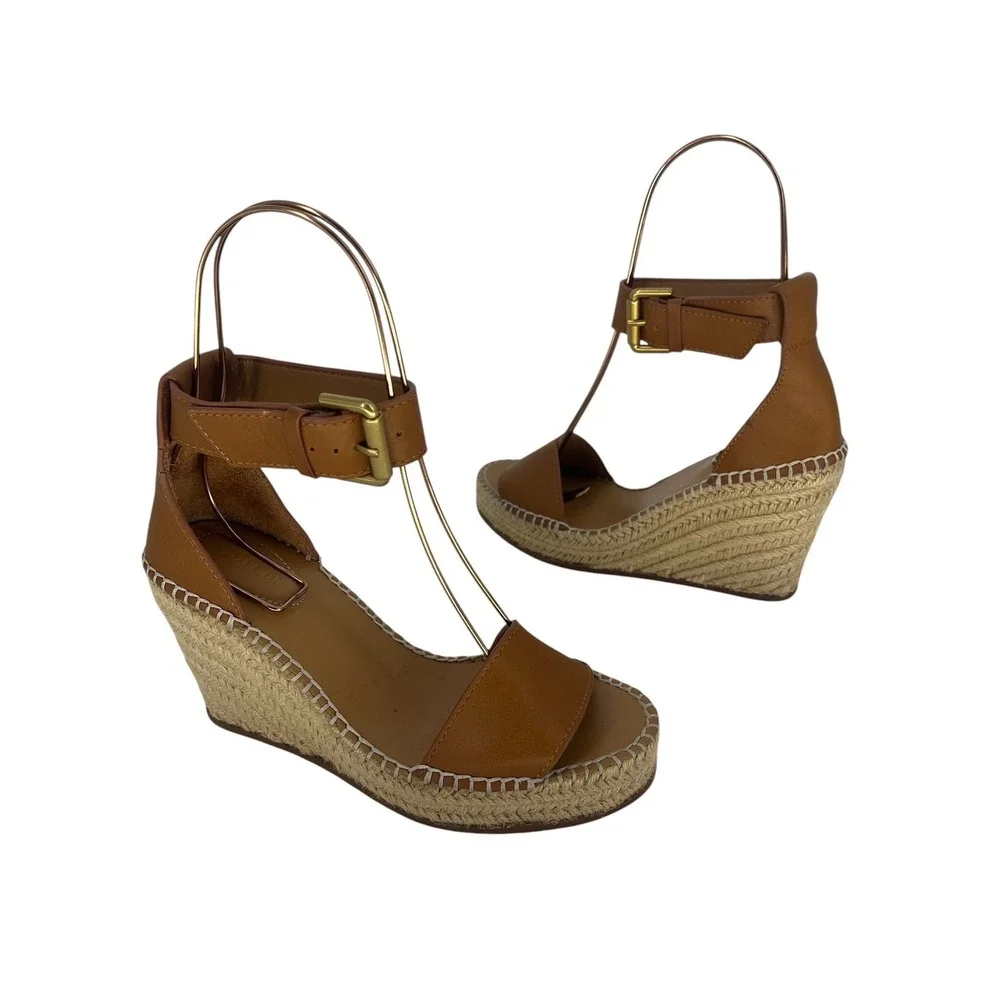 See by Chloe Glyn Leather Espadrille Wedge Sandals Brown Size 36